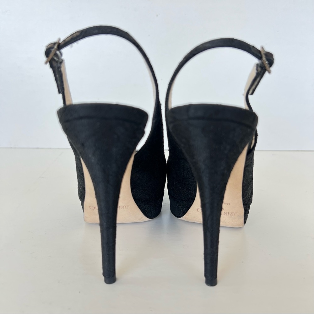 JIMMY CHOO Black Textured Fabric Lace Side Buckle Peep Toe Heel Sandals Sz 37.5 - Picture 6 of 11